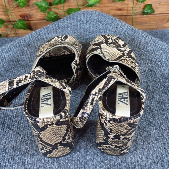 ZARA Women Snakeskin Embossed Leather Platform Block Heel Sandals Size 36 Brown - Picture 5 of 7